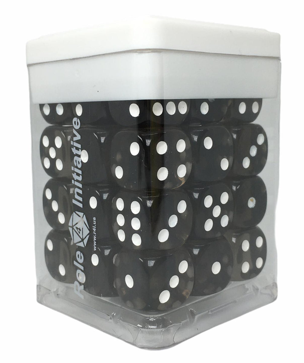 Translucent Black (Smoke) w/ White Ink Set of 36d6 pips 14mm Dice