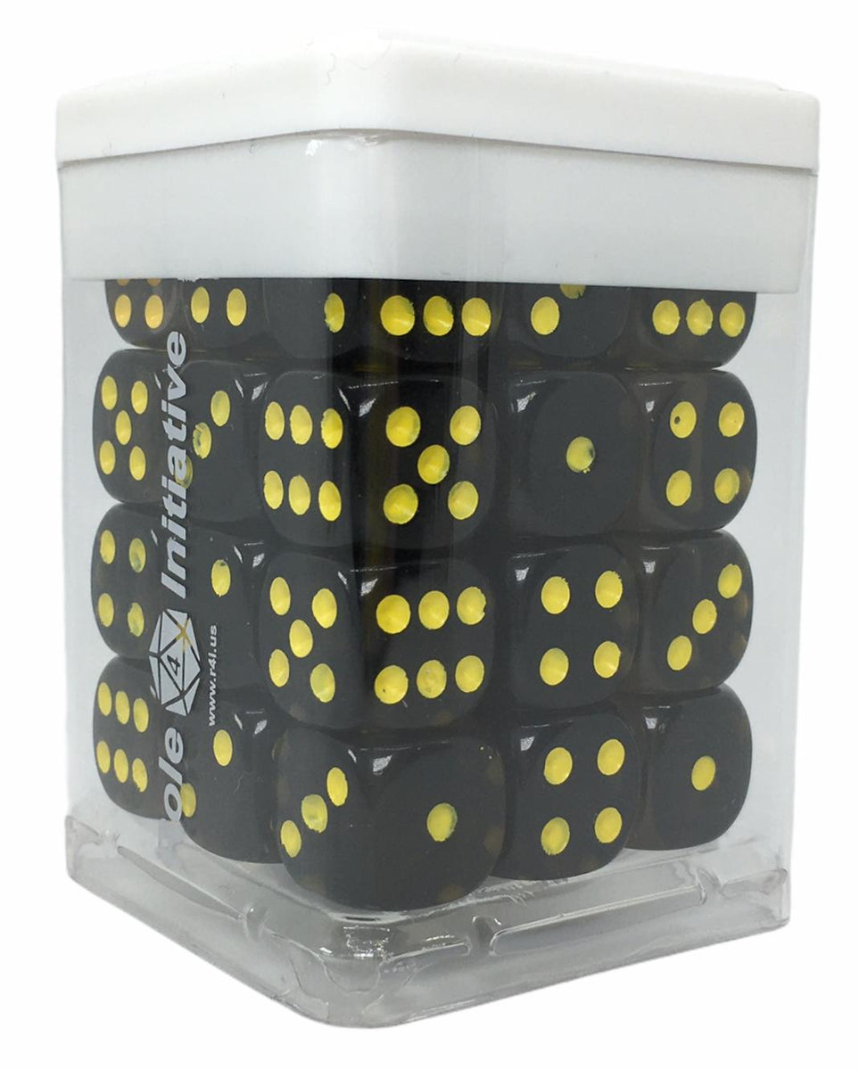 Translucent Black (Smoke) w/ Yellow Ink Set of 36d6 pips 14mm Dice