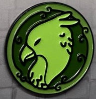Soft enamel pin with Griffin head in circle, & includes 3 shades of green