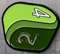 Soft enamel pin in the shape of our Arch'd4, in 3 shades of green with white numbers