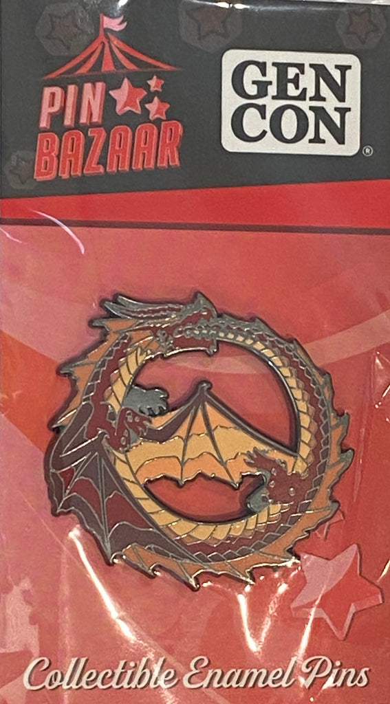 Collectible enamel pin of a dragon on Gen Con packaging with Pin Bazaar branding, inside plastic protective sleeve.