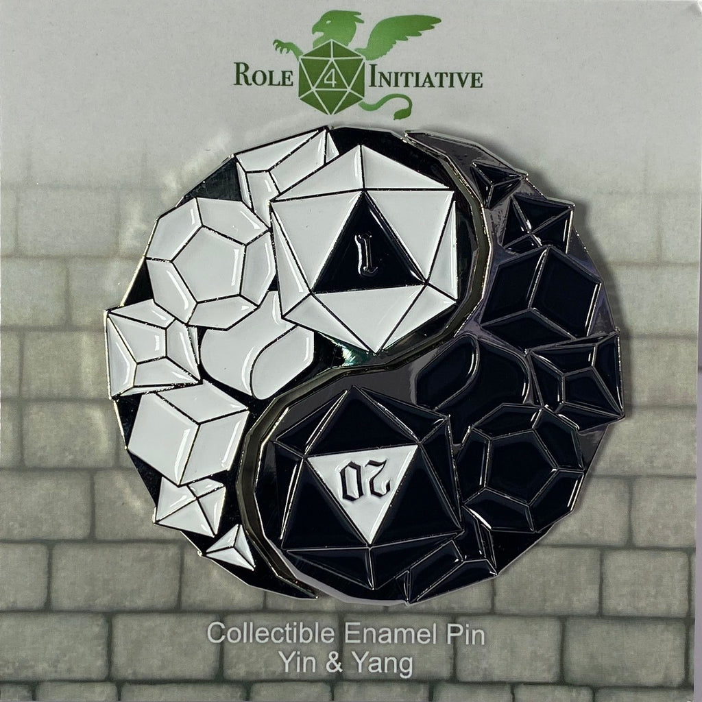 Collectible enamel 2-pin set with geometric Yin and Yang design featuring dice shapes.
