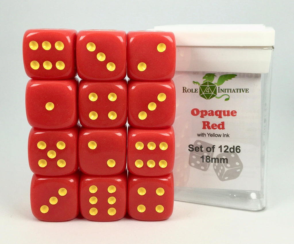 Opaque Red w/ Yellow Ink - Set of 12d6 pips 18mm Dice