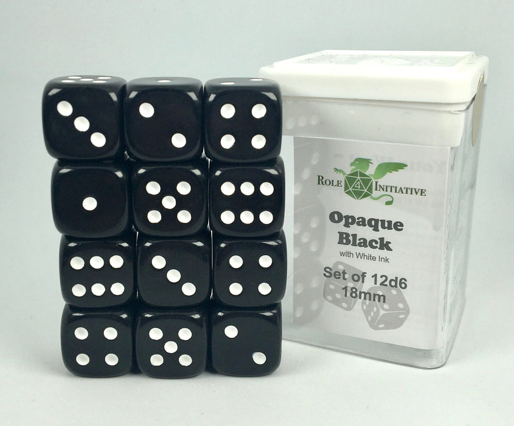 Opaque Black w/ White Ink - Set of 12d6 pips 18mm Dice