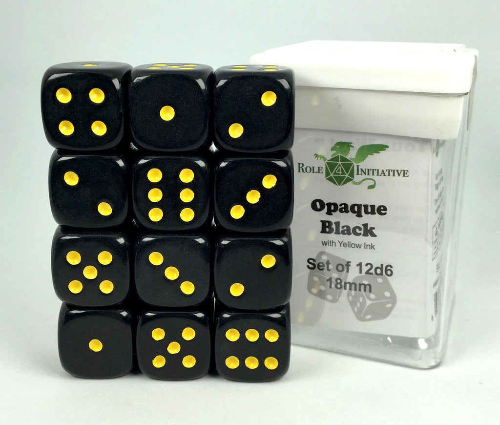 Opaque Black w/ Yellow Ink - Set of 12d6 pips 18mm Dice