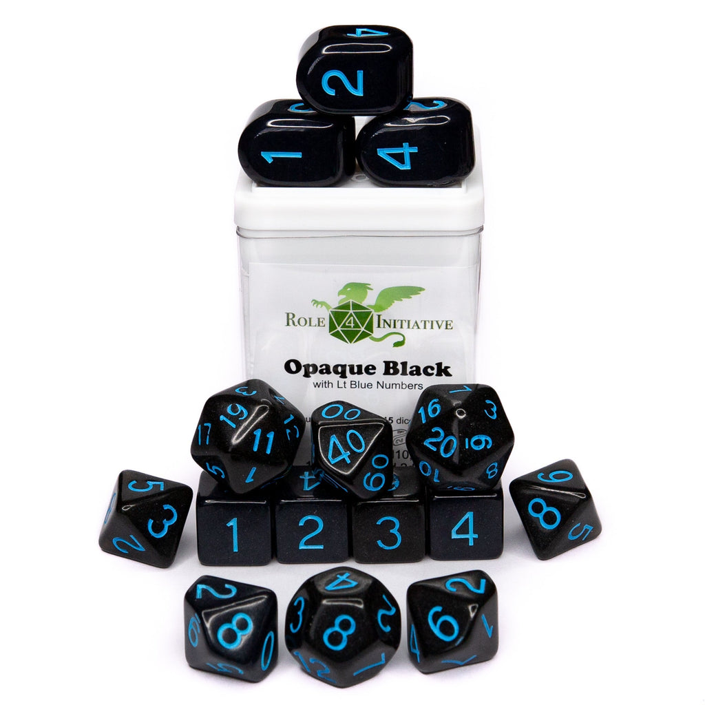 Opaque Black w/ Lt Blue Ink - Set of 15 Dice