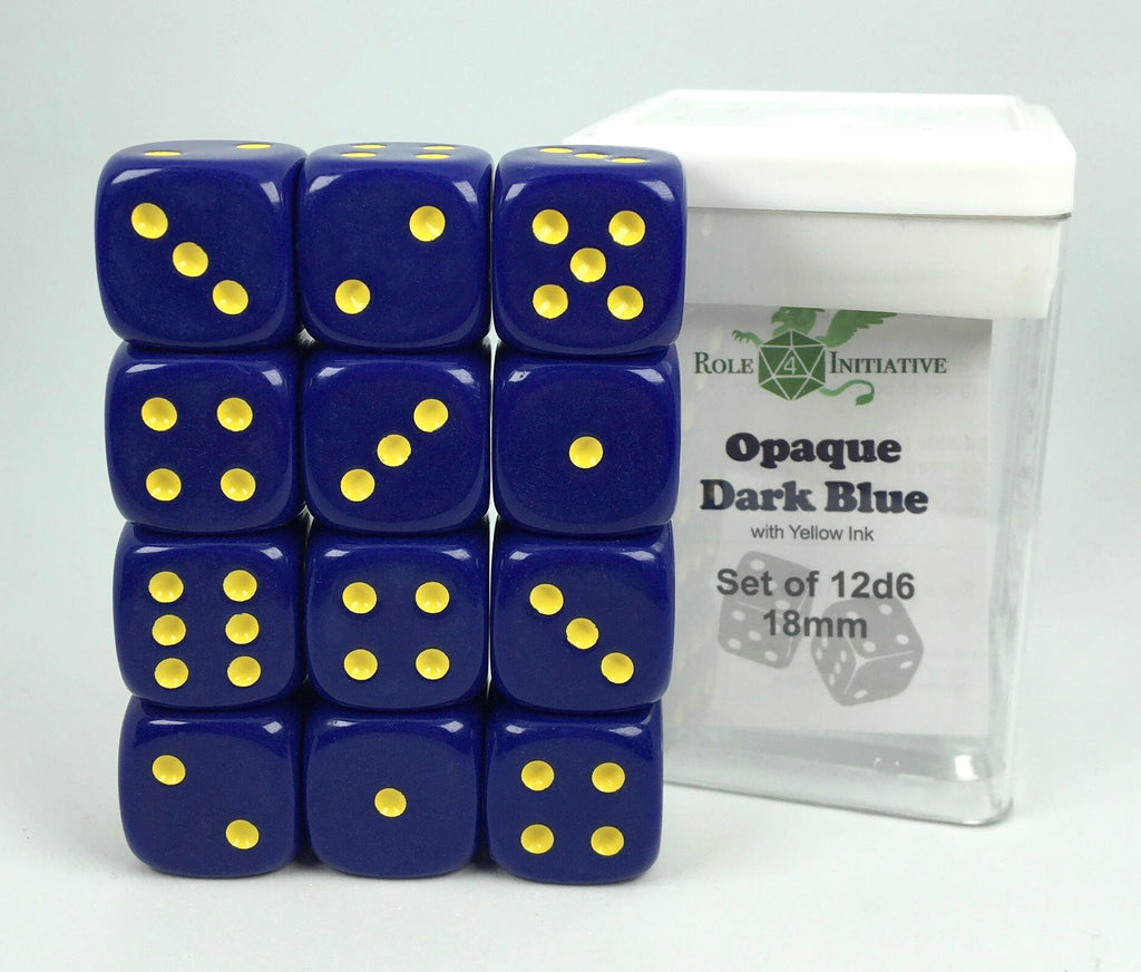 Opaque Dark Blue w/ Yellow Ink - Set of 12d6 pips 18mm Dice