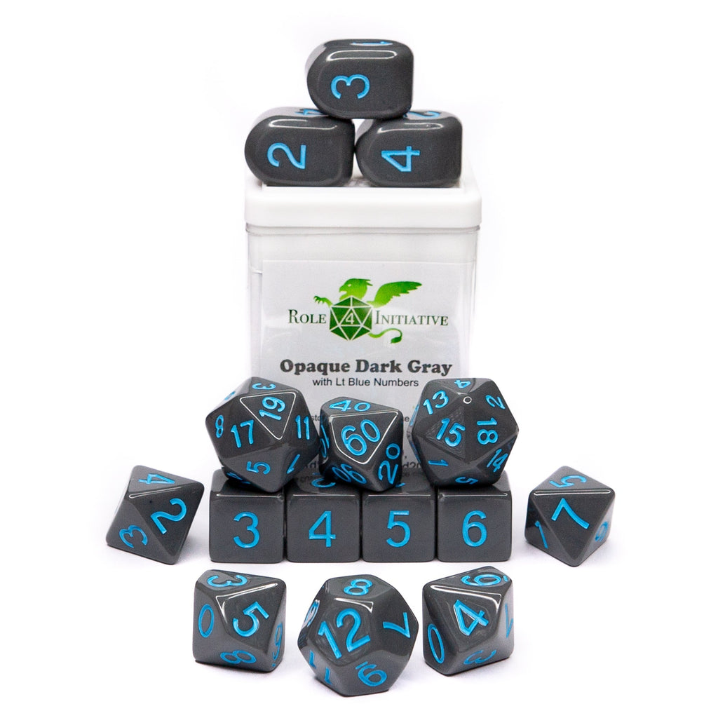 Opaque Dark Gray w/ Lt Blue Ink - Set of 15 Dice