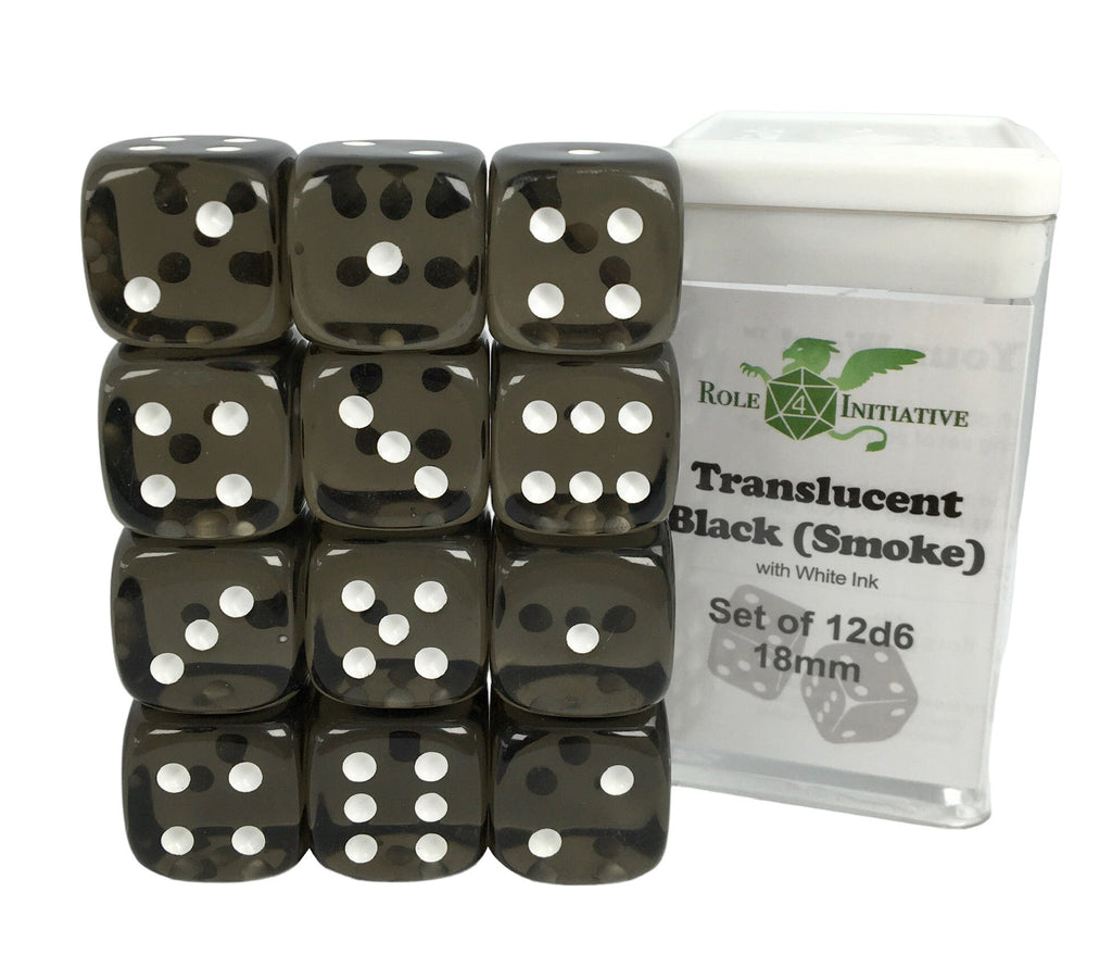 Translucent Black (Smoke) w/ White Ink - Set of 12d6 pips 18mm Dice