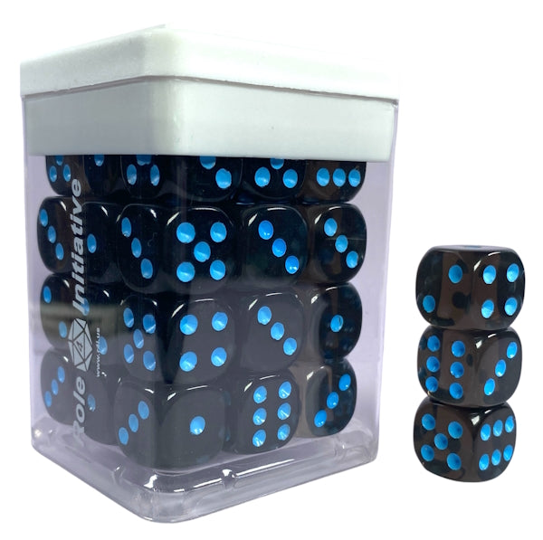 Translucent Black (Smoke) w/ Lt Blue Ink - Set of 36d6 pips 14mm Dice