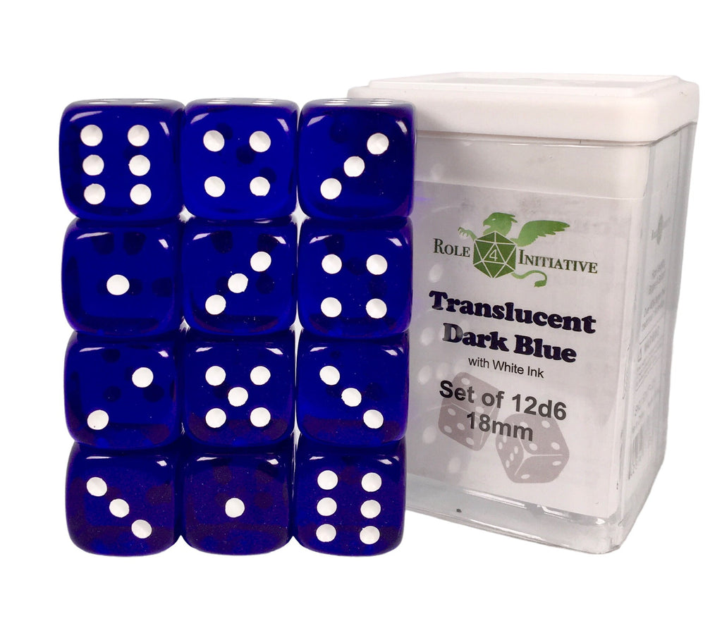 Translucent Dark Blue w/ White Ink - Set of 12d6 pips 18mm Dice