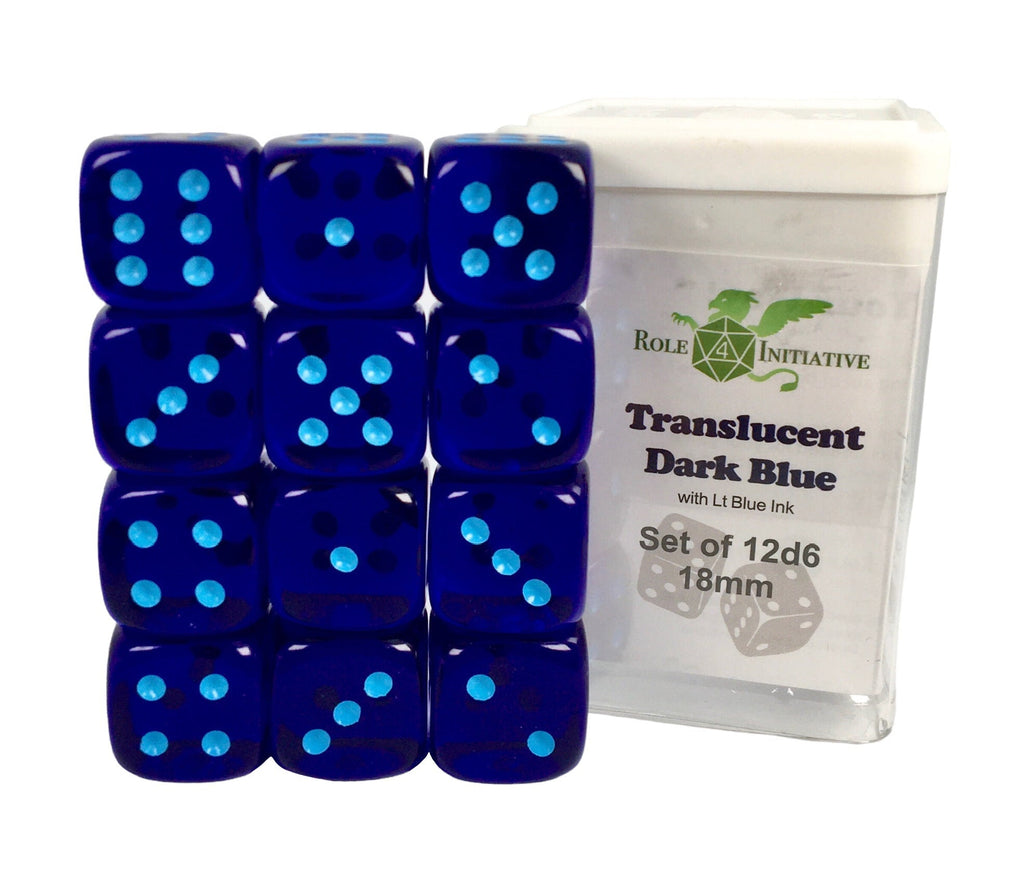 Translucent Dark Blue w/ Lt Blue Ink - Set of 12d6 pips 18mm Dice