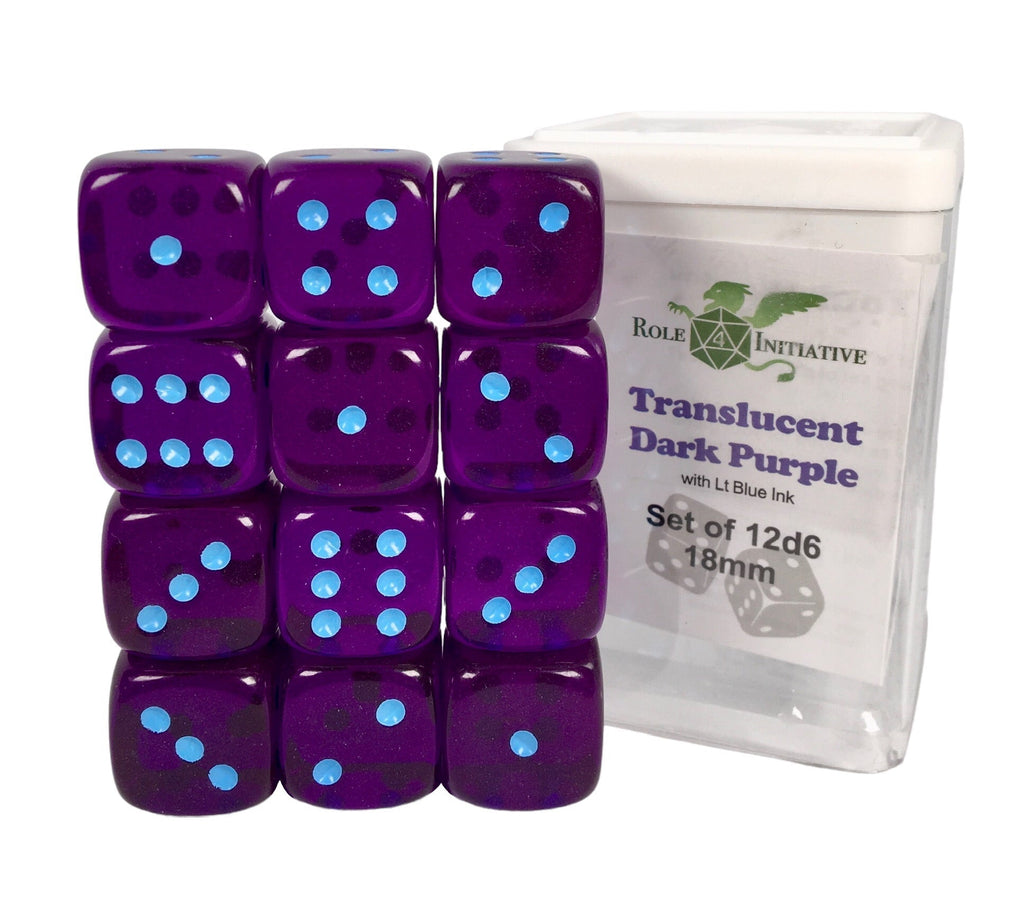 Translucent Dark Purple w/ Lt Blue Ink - Set of 12d6 pips 18mm Dice