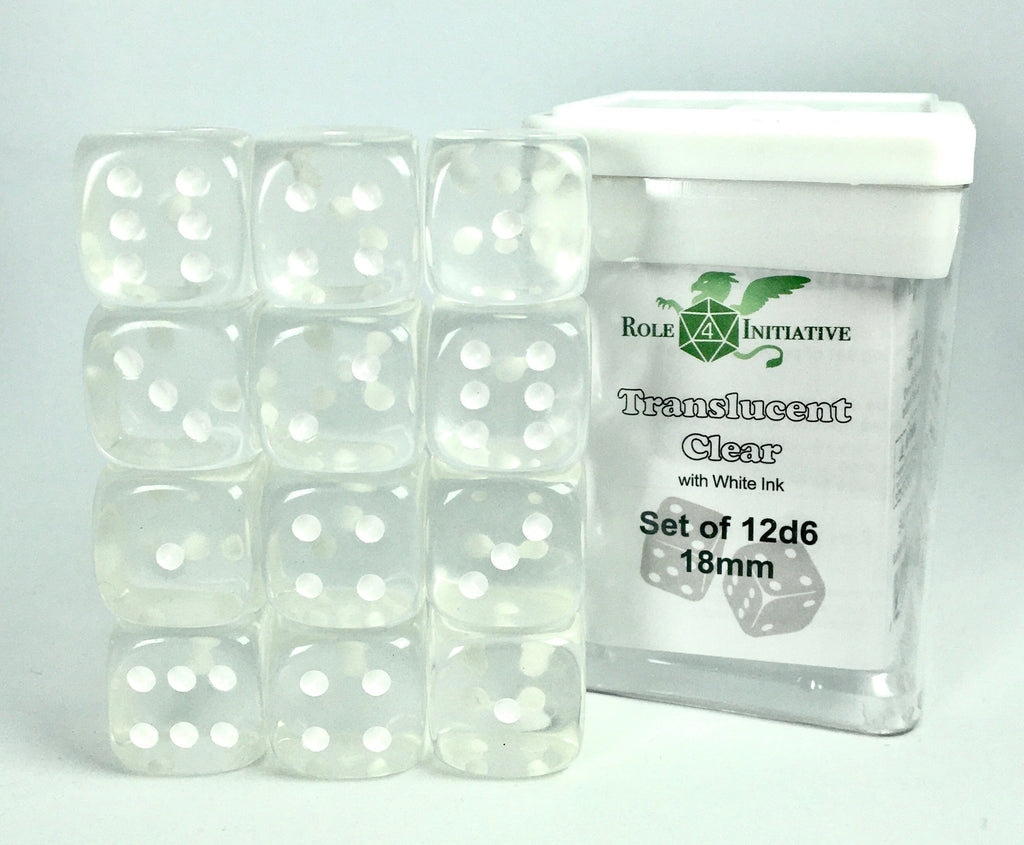 Translucent Clear w/ White - Set of 12d6 pips 18mm Dice