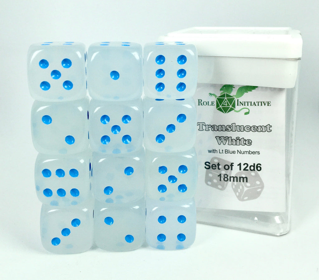 Translucent White w/ Lt Blue Ink - Set of 12d6 pips 18mm Dice