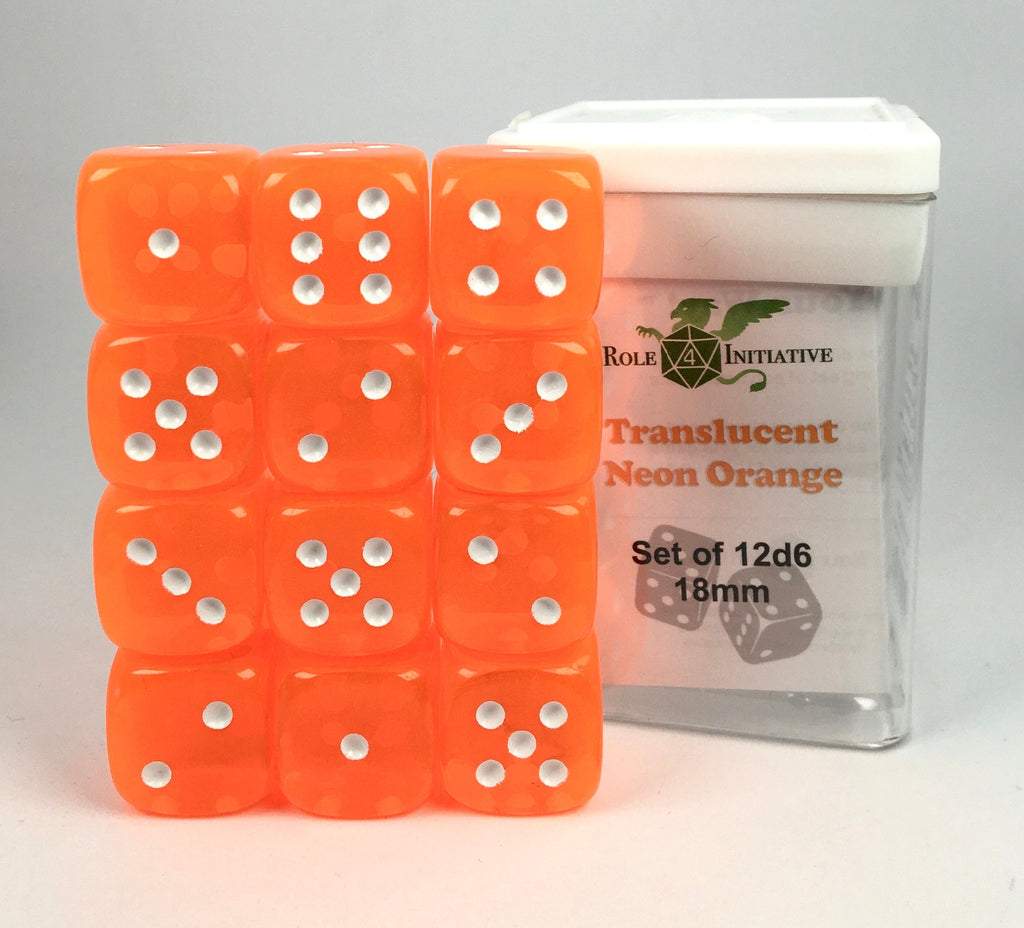 Translucent Neon Orange w/ White Ink - Set of 12d6 pips 18mm Dice