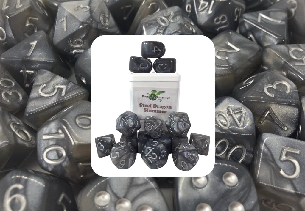 Steel Dragon Shimmer Dice - Set of 12d6 pips 18mm