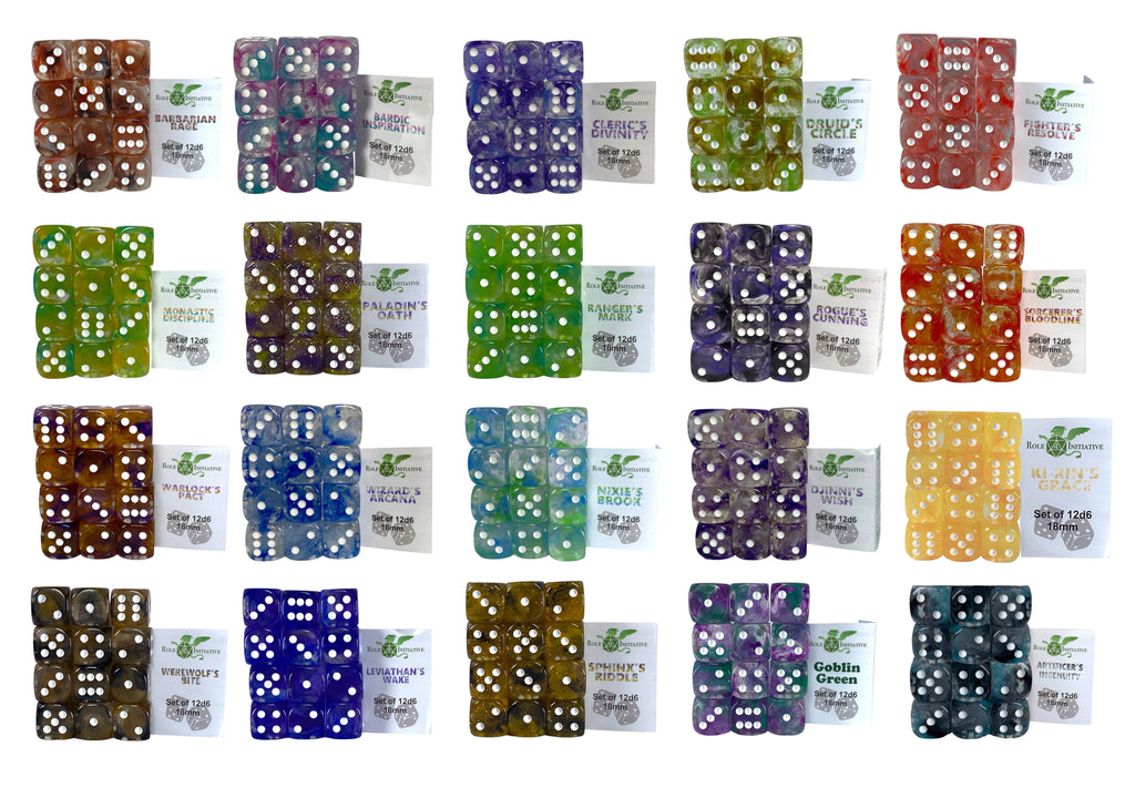 A bundle of 20 sets of 12d6 pipped sets from our Classes & Creatures dice line.