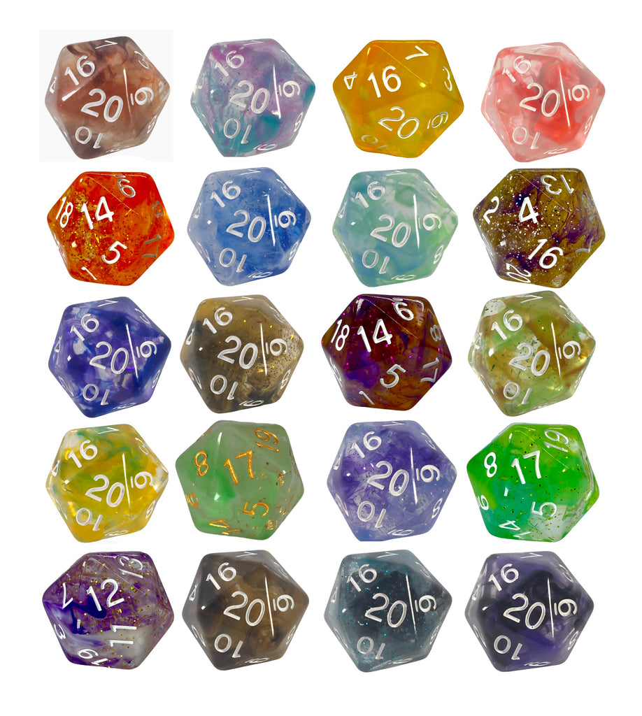 A bundle of 20 29mm XL d20s from our Classes & Creatures dice line.