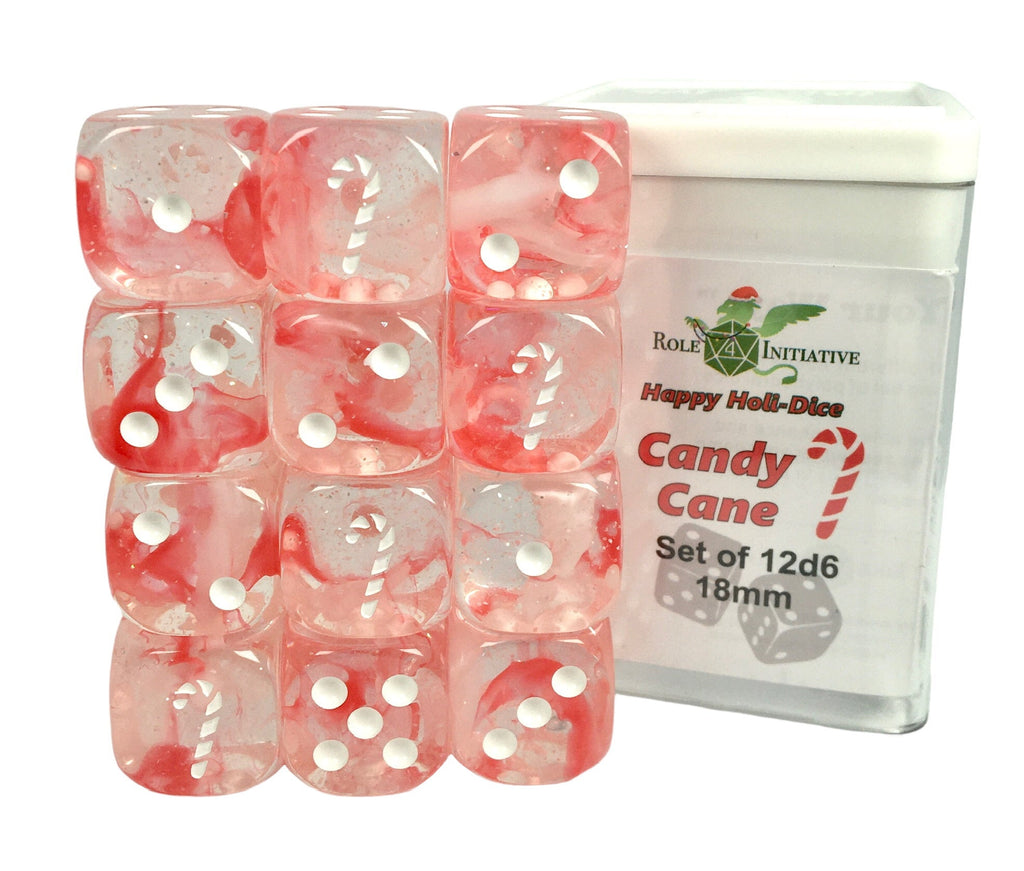 Set of 12d6 pip 18mm dice in Holiday colors: Candy Cane (Diffusion)