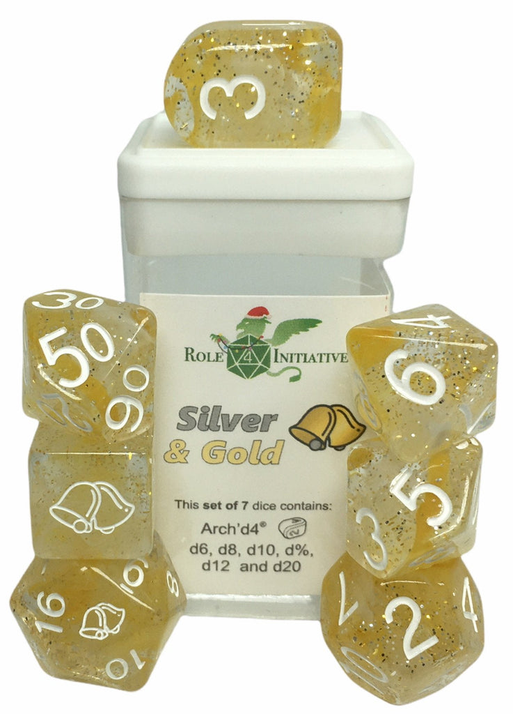 Holidice Diffusion Silver Gold -  Set of 7 Dice w/ symbols on d6 & d20