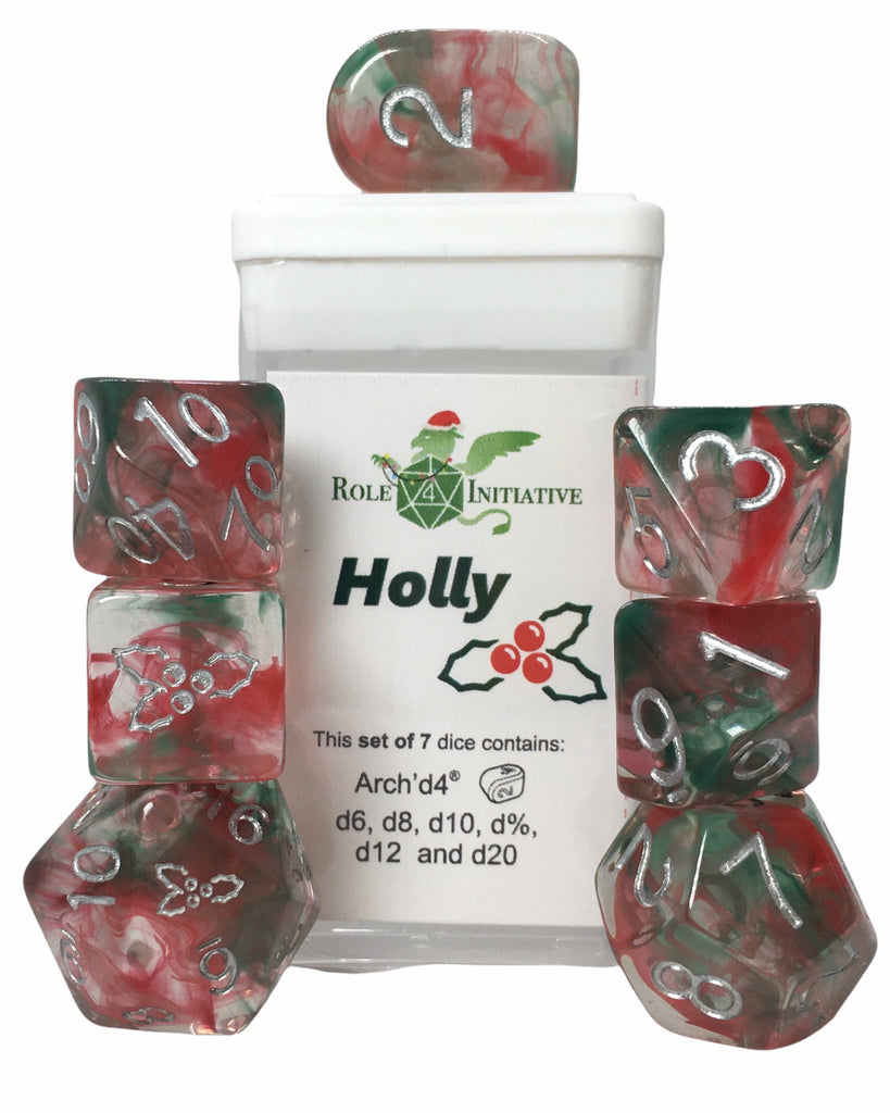 Holidice Diffusion Holly -  Set of 7 Dice w/ symbols on d6 & d20