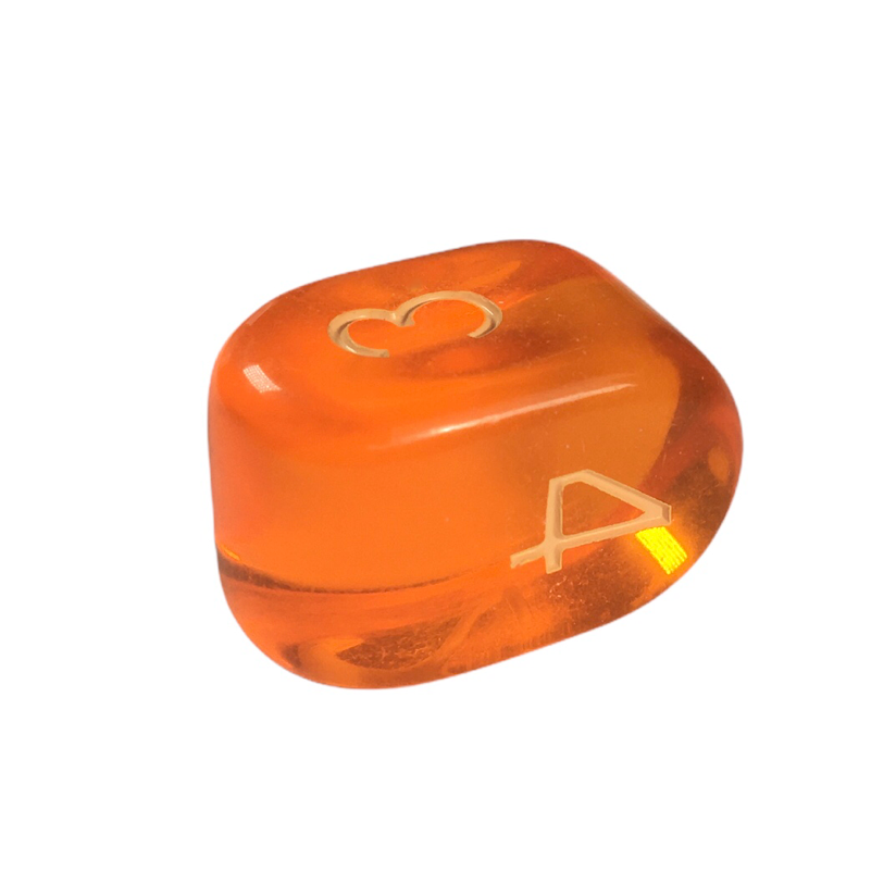 Dice - This modern d4 in Translucent Blood Orange w/ White Ink is optimized for best visibility with numbers on top. The Arch'd4 is easy to pick up and roll too!.