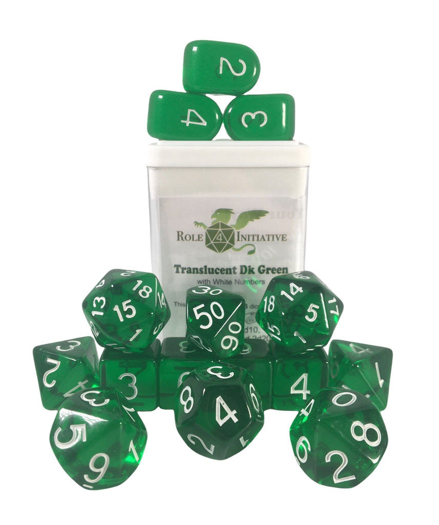 Translucent Dark Green w/ White Ink - Set of 15 Dice