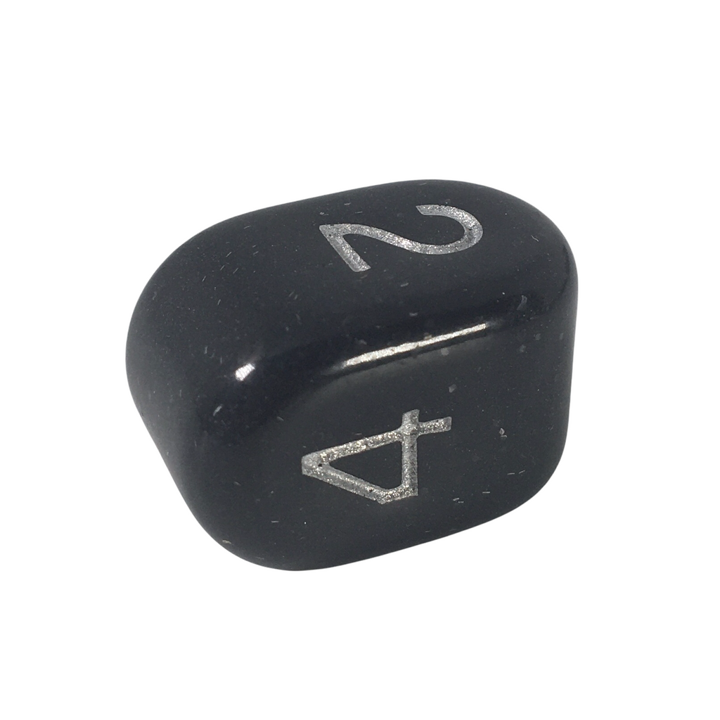 Dice - This modern d4 in Opaque Cool Carbon w/ White Ink is optimized for best visibility with numbers on top. The Arch'd4 is easy to pick up and roll too!.