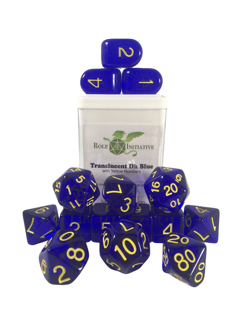 Translucent Dark Blue w/ Yellow Ink - Set of 15 Dice