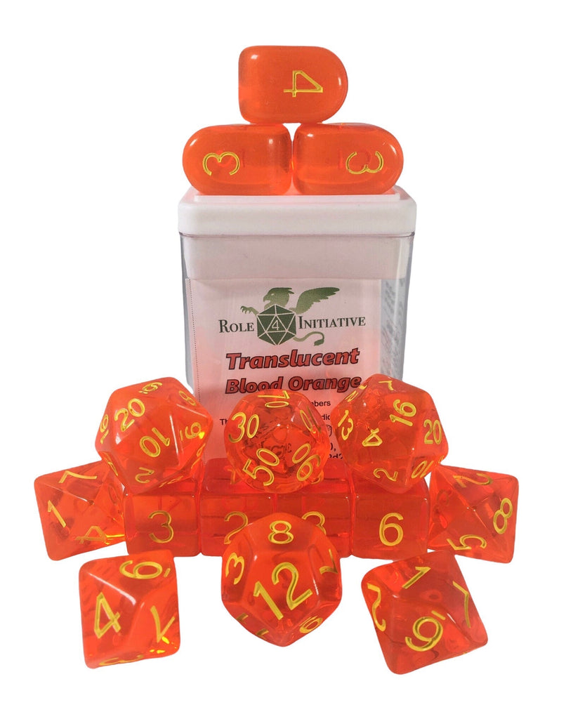 Translucent Blood Orange w/ Yellow Ink - Set of 15 Dice