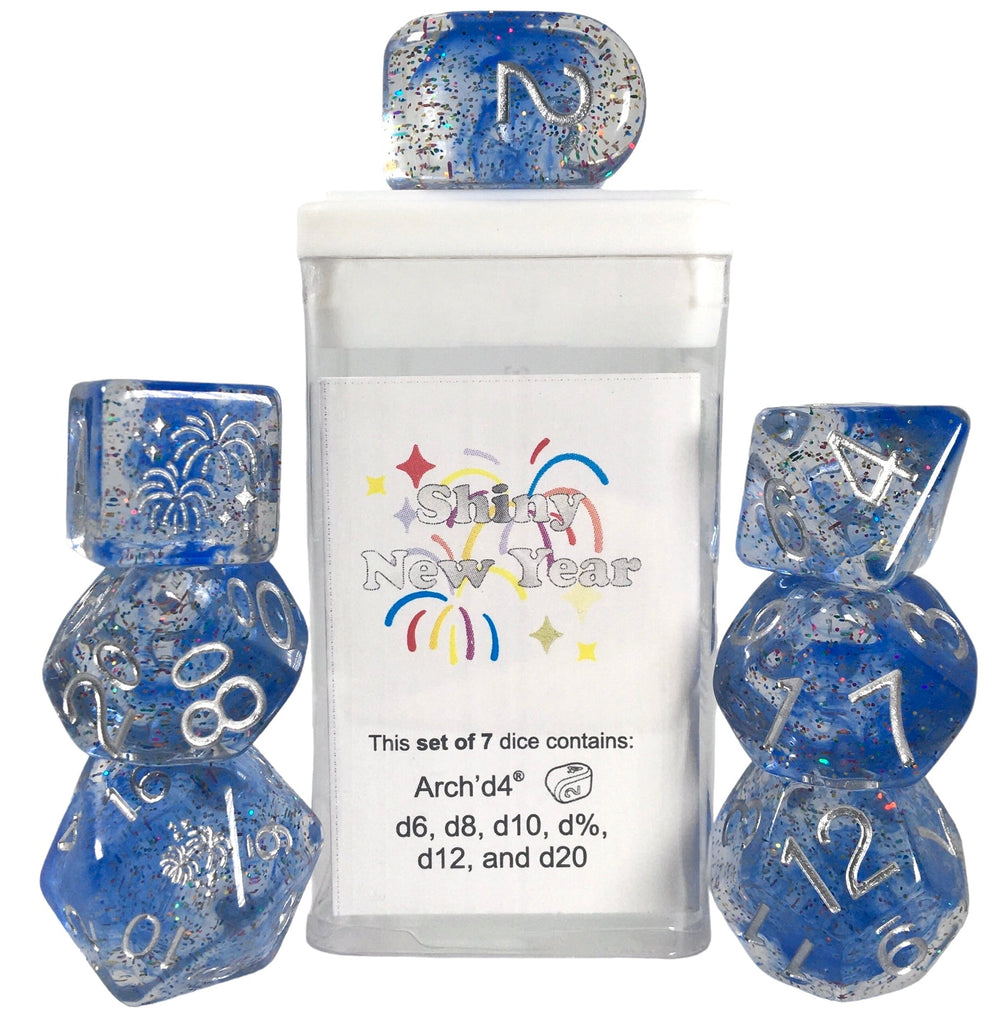 Holidice Diffusion Shiny New Year -  Set of 7 Dice w/ symbols on d6 & d20