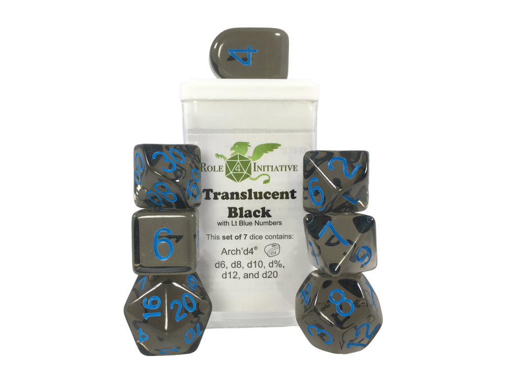 Translucent Black (Smoke) w/ Lt Blue Ink - Set of 7 Dice