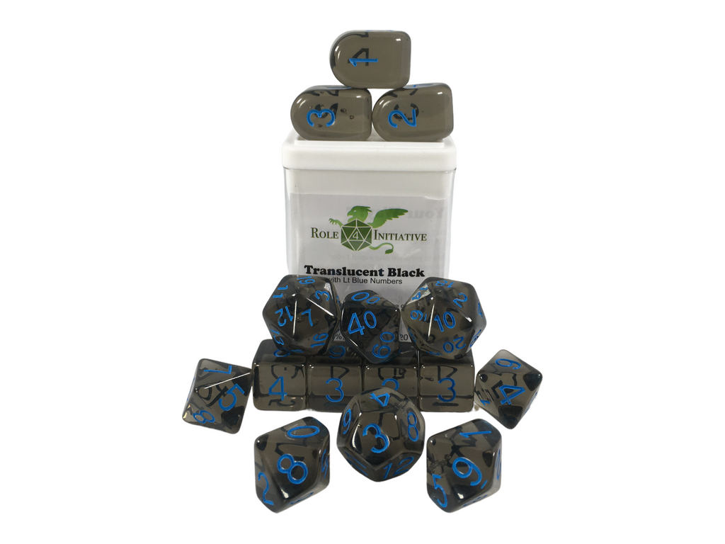 Translucent Black (Smoke) w/ Lt Blue Ink - Set of 15 Dice