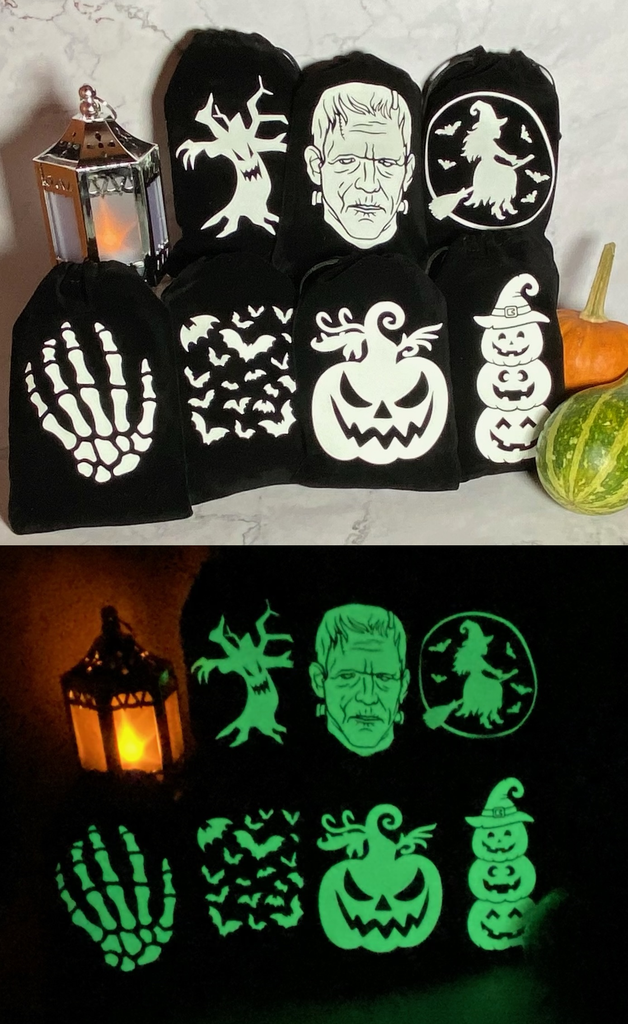 Top photo shows black velvet bags decorated with white Halloween images, like bats, pumpkins and a skeletal hand. The second photo underneath shows the bags glowing green  in the dark.