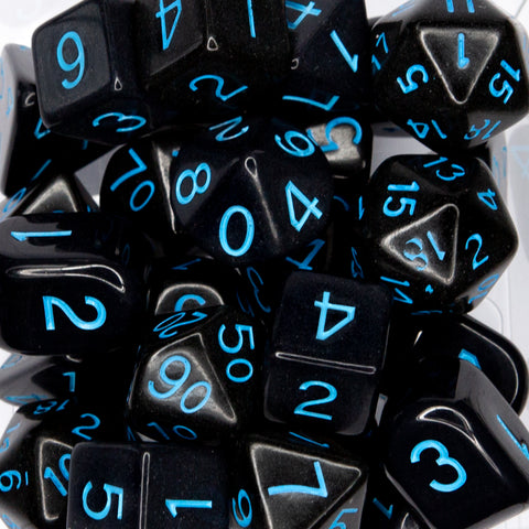 Dice Opaque Black w/ Lt Blue Ink - Sets  Singles Set of 7 with Arch'd4 in box