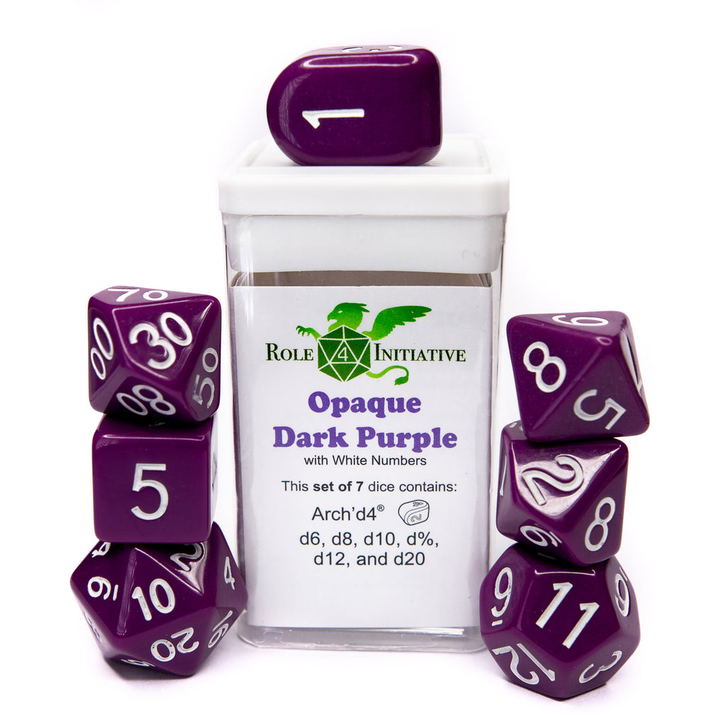  Dice | Set of 7 | Opaque Dark Purple with Arch'd4 & White Ink