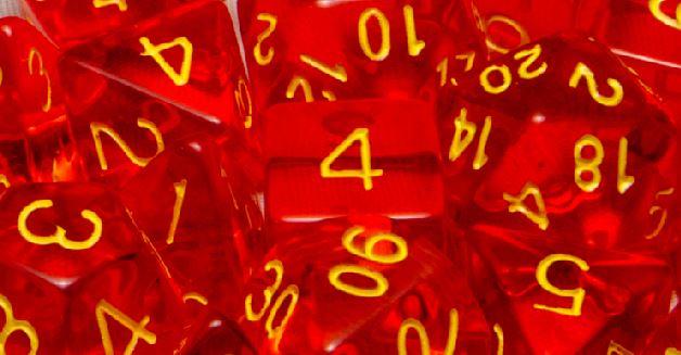 Dice Translucent Red w/ Yellow Ink - Sets  Singles Set of 7 w/ Arch'd4 in box