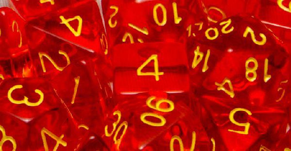 Dice Translucent Red w/ Yellow Ink - Sets  Singles Set of 7 w/ Arch'd4 in box