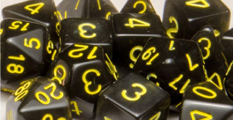Dice Translucent Black (Smoke) w/ Yellow Ink - Sets  Singles Set of 7 w/ Arch'd4 in box