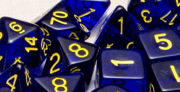 Dice Translucent Dark Blue w/ Yellow Ink - Sets  Singles Set of 7 w/ Arch'd4 in box