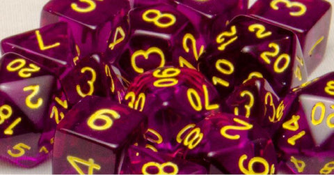 Dice Translucent Dark Purple w/ Yellow Ink - Sets  Singles Set of 7 w/ Arch'd4 in box
