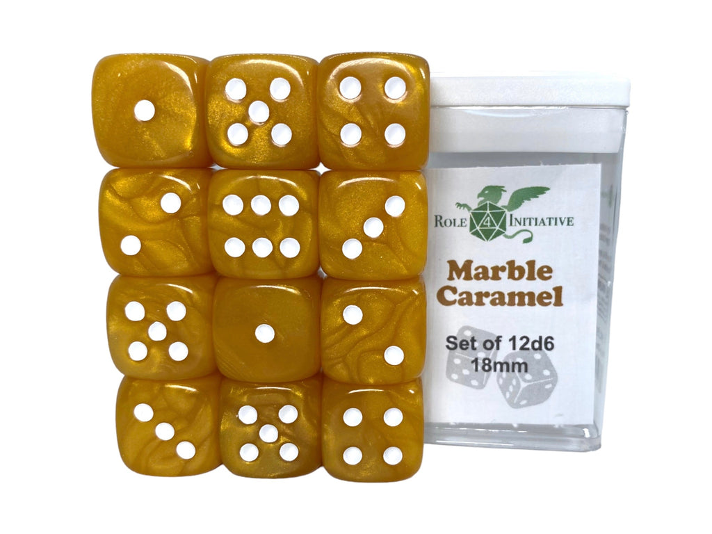 Set of 12d6 18mm w/ pips Marble Caramel
