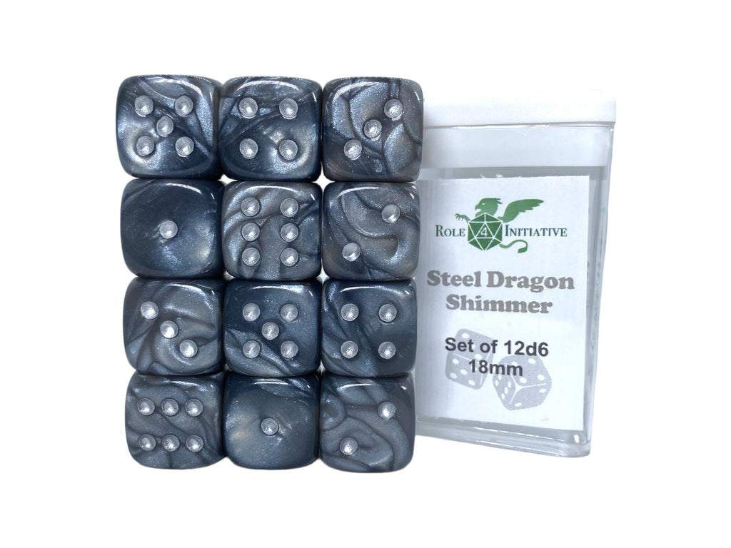 Set of 12d6 18mm w/ pips Steel Dragon Shimmer