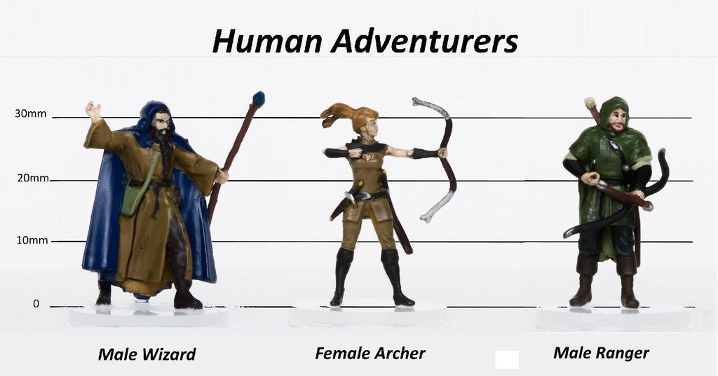 Human Adventurers Group of 3  Archer Wizard Ranger 28mm Plastic Minis