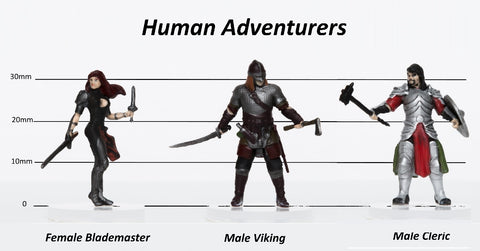 Human Adventurers Group of 3 - Set C - Blademaster, Viking, Cleric - 28mm Plastic Minis - Role 4 Initiative 